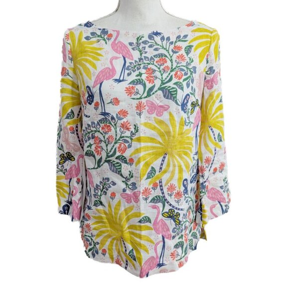 Boden Laurie Linen Top in Tropical Charm Cranes Birds Flowers Floral Butterflies - Picture 2 of 10